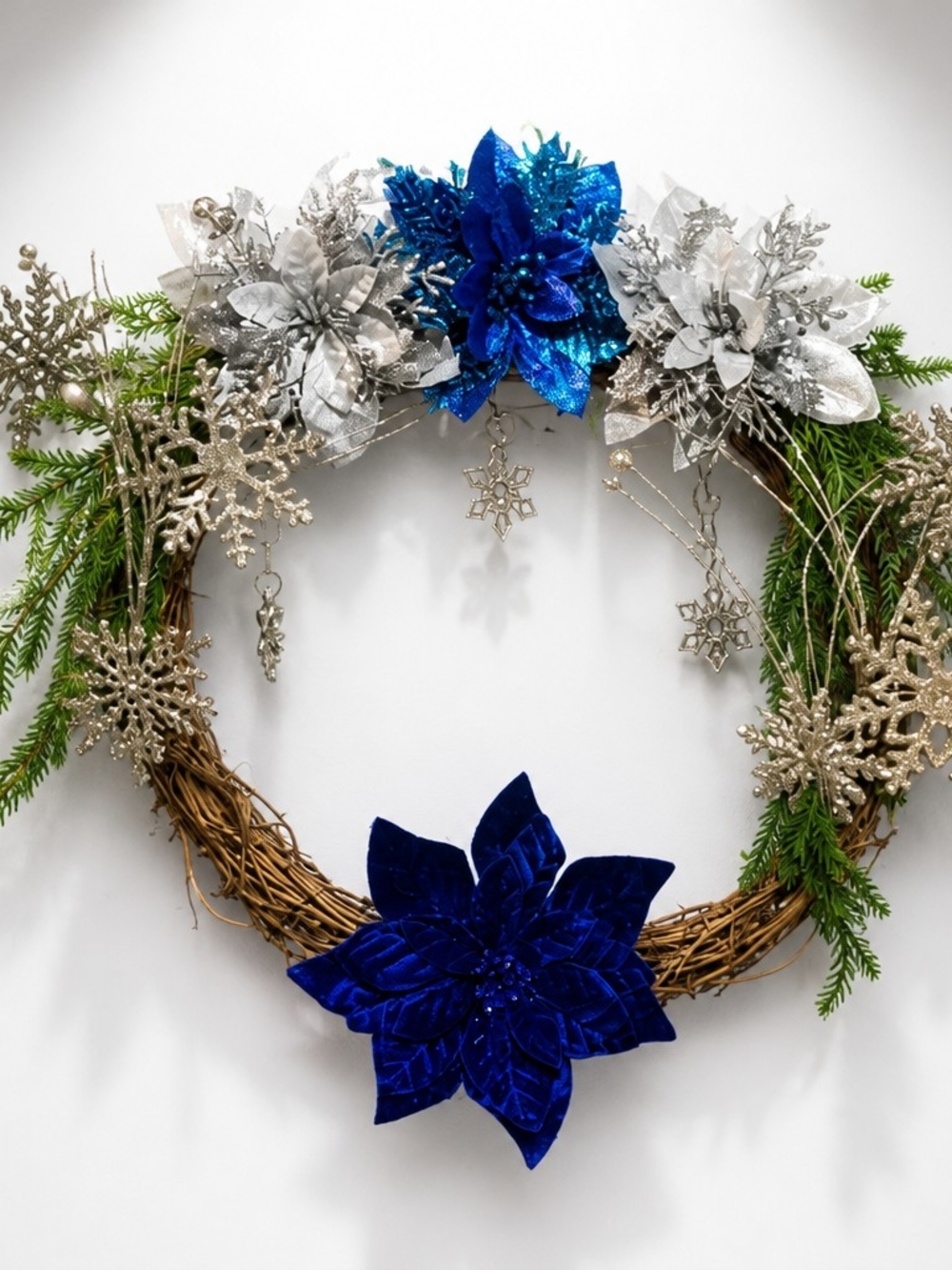 Blue & Silver Holiday Wreath - Elegant Winter Decor